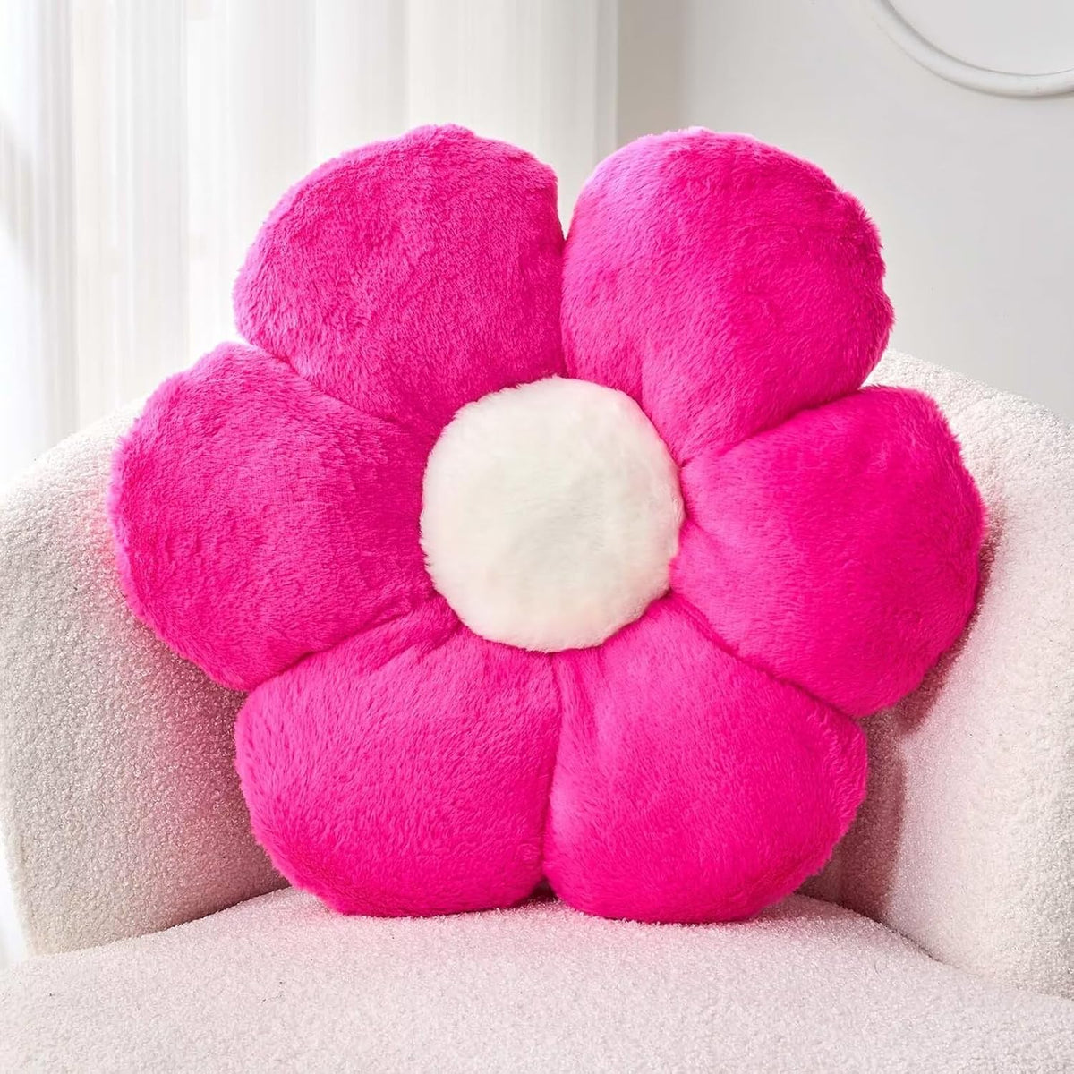 Hot Pink Flower Pillow, Cute Decorative Flower Shaped Throw Pillow with Faux Rabbit Fur, 19.6" Soft