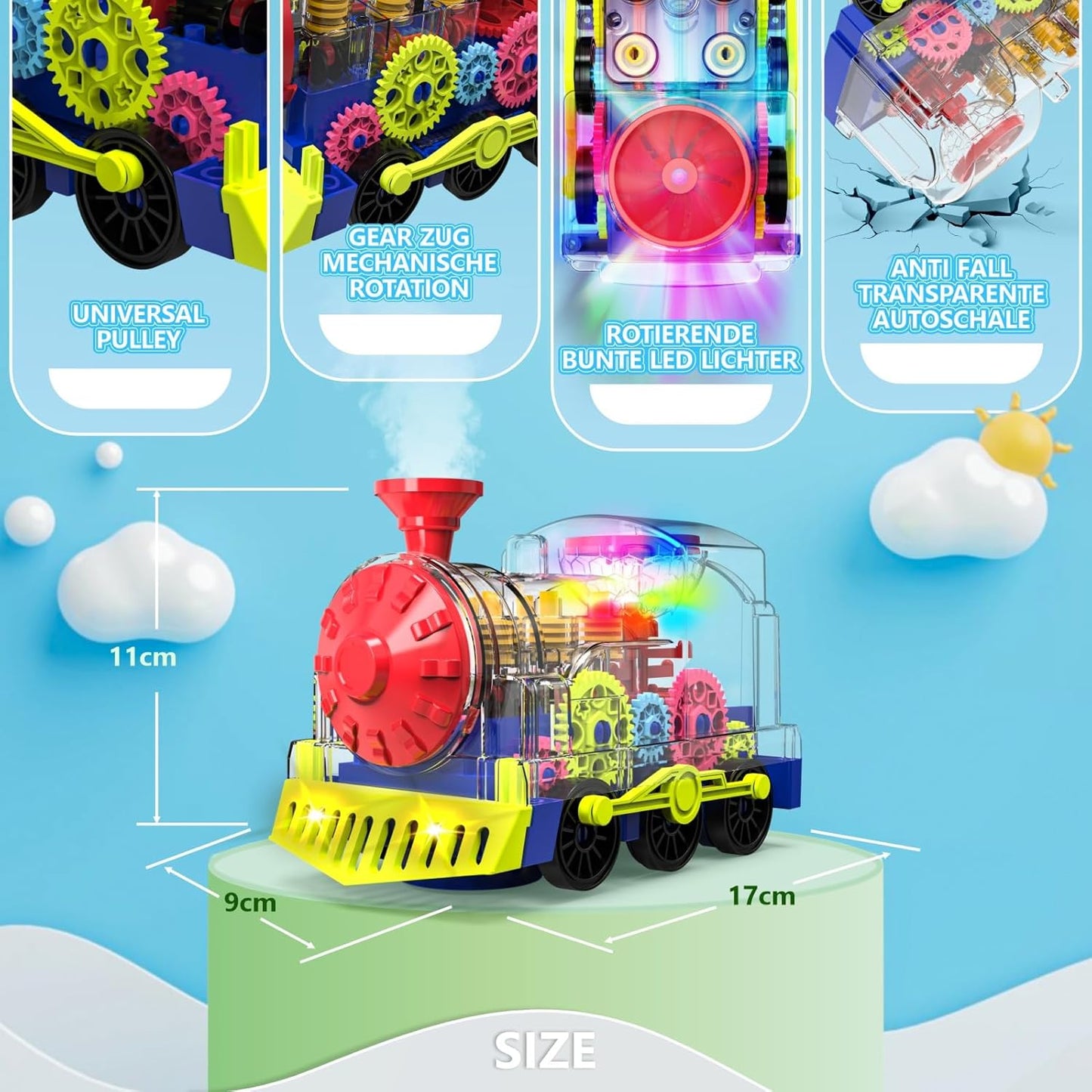Kizeefun Light Up Train Toy for Toddlers: Transparent Gear Car Toy for Kids with Cool Light and