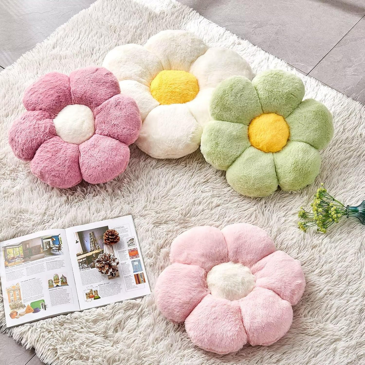 Pink Flower Pillow, Cute Decorative Flower Shaped Throw Pillow with Faux Rabbit Fur, 14.9" Soft