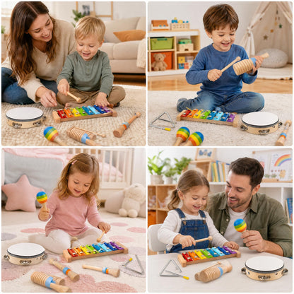 Montessori Wooden Musical Instruments for Toddlers, Educational Baby Drum Set with Xylophone &