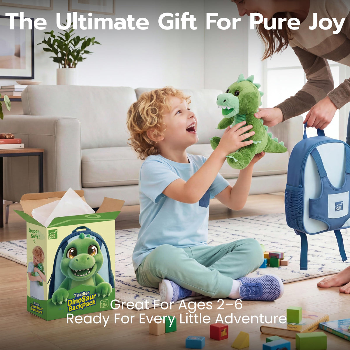 JOIEDOMI Toddler Backpack for Boys 2-4, 11" H Kids Backpack with Detachable Dinosaur Toy for 2 Year