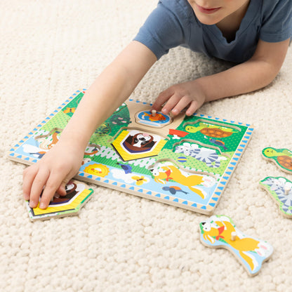 Melissa & Doug Wooden Peg Puzzle Set – 4-Pack Vehicle, Farm, Safari & Pet Animal Themes