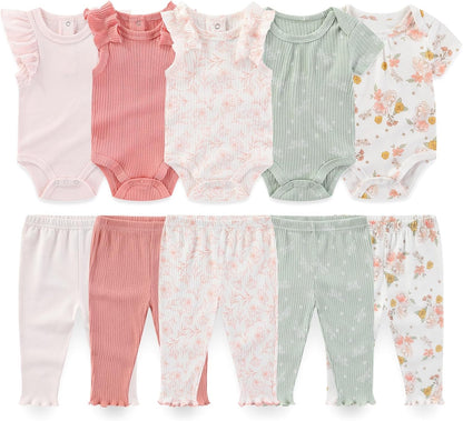 Baby Boy Girl 10 Piece Combined Type Clothing Set Cotton Baby Bodysuits and Pants Set Home Outdoor
