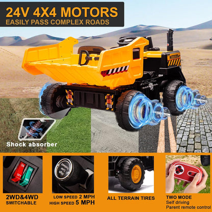 24V Ride On Dump Truck, 24inch-2 Seater Ride On Car for Kids w/Remote Control 4WD/2WD Up to 5 Mph