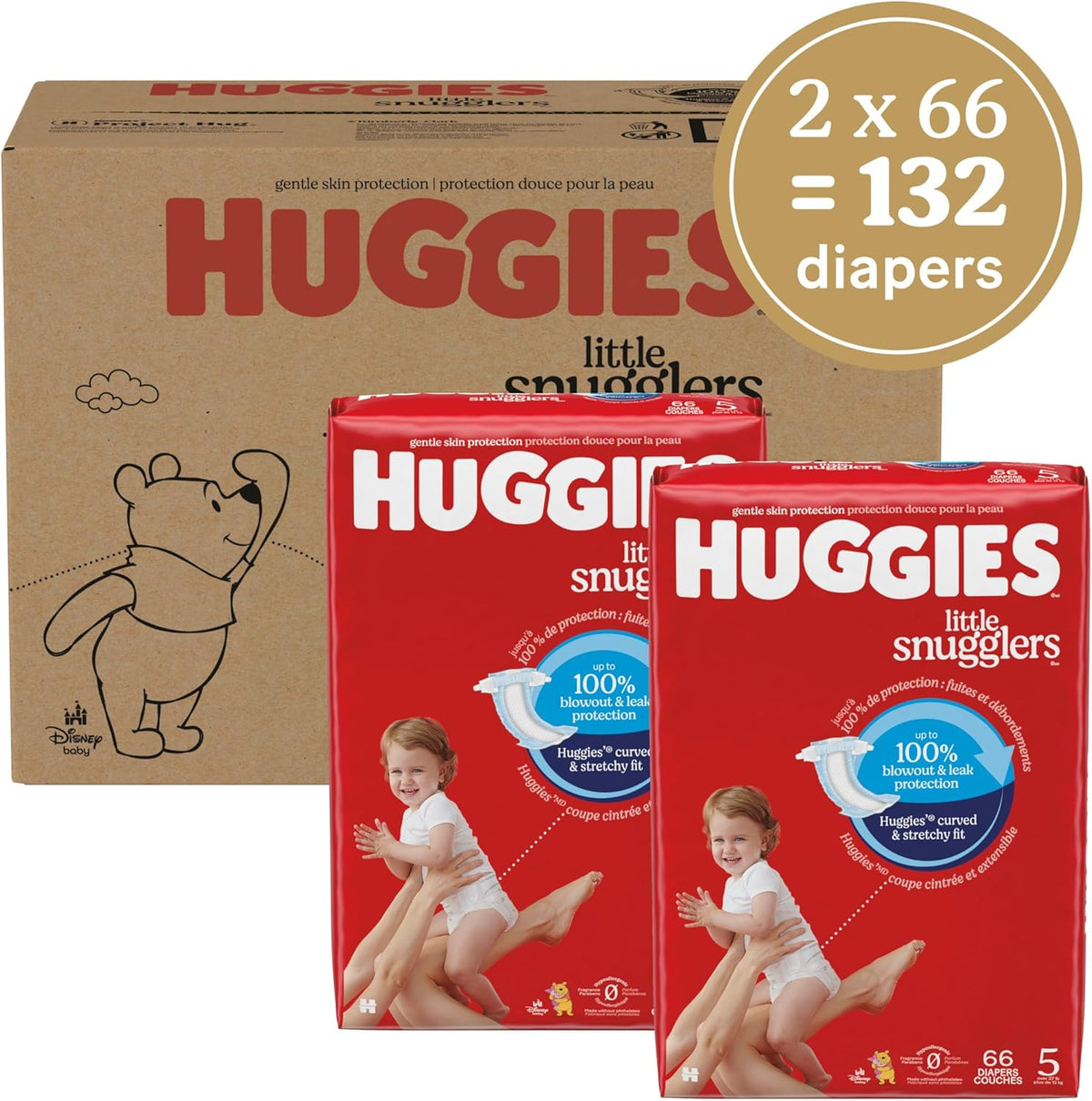 Huggies Size 5 Diapers, Little Snugglers Baby Diapers, Size 5 (27+ lbs), 132 Count (2 Packs of 66)