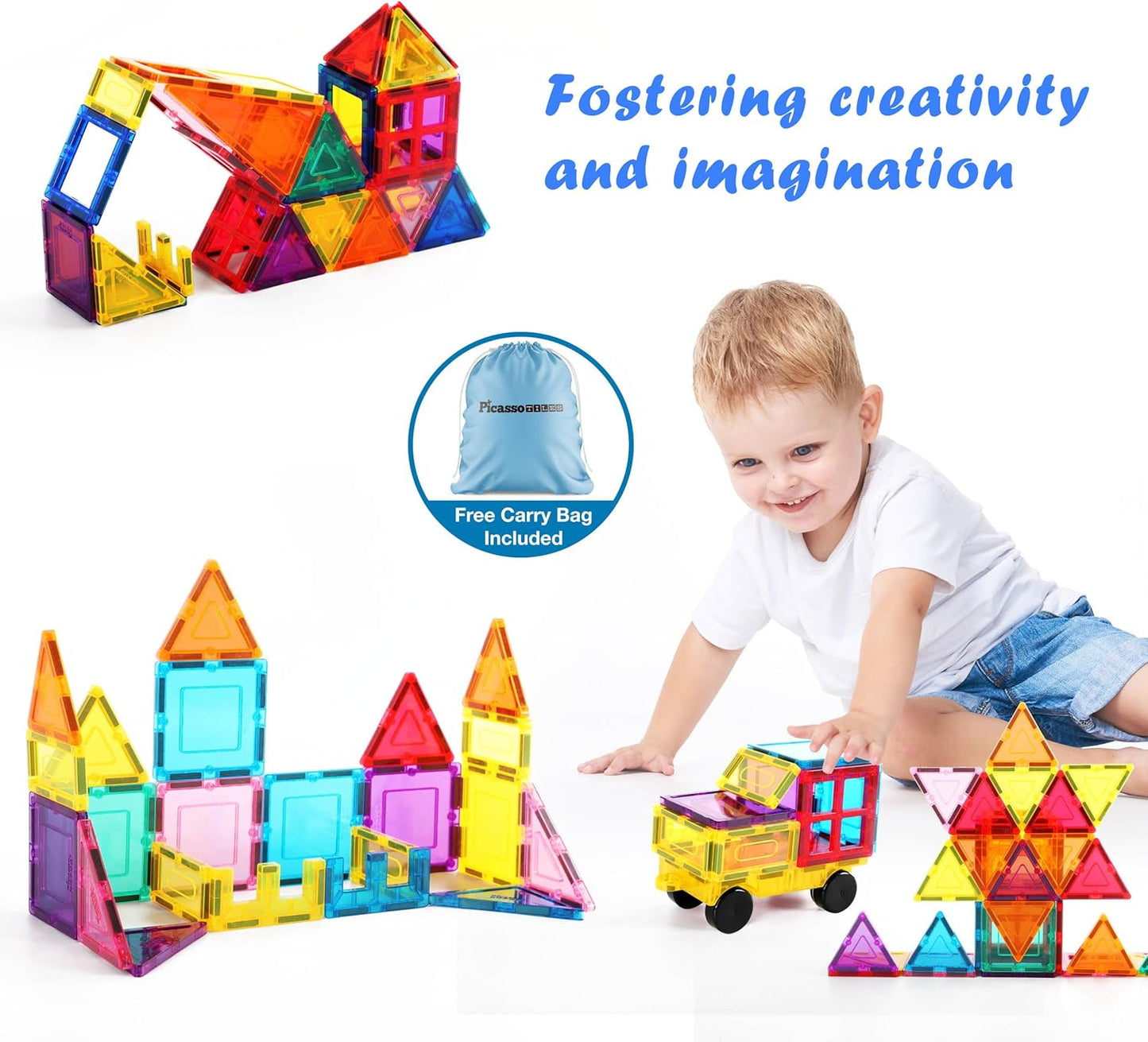 PicassoTiles Magnet Tile Building Blocks with Car Base Drawstring Storage Travel Bag Carry Case
