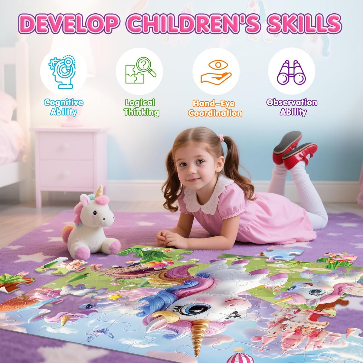 Jumbo Floor Puzzle for Kids,48 Piece Unicorn Large Jigsaw Puzzles,Puzzle for Toddler Ages 3-5,Fun
