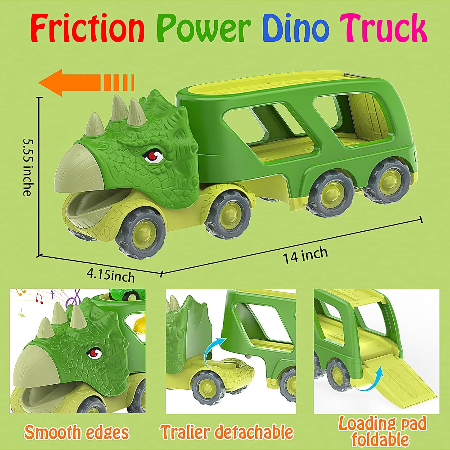 Veslier Dinosaur Car Toy for 3 4 5 Years Old Boys, Friction Power Carrier Truck with 4 Pack Small