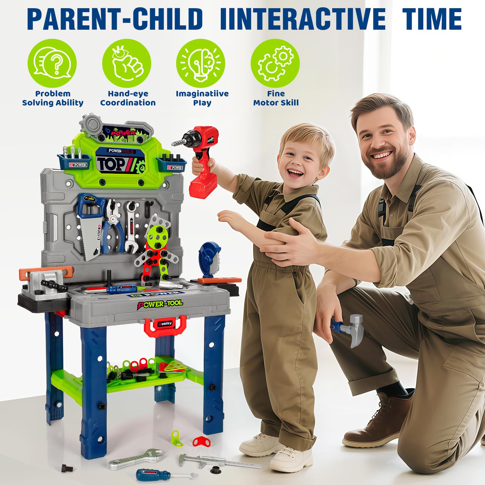 Kids Tool Bench Set with Electric Drill and Realistic Tools, Construction Workbench Playset Toy for