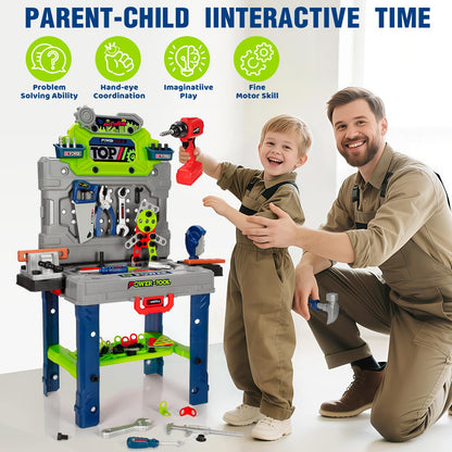 Kids Tool Bench Set with Electric Drill and Realistic Tools, Construction Workbench Playset Toy for