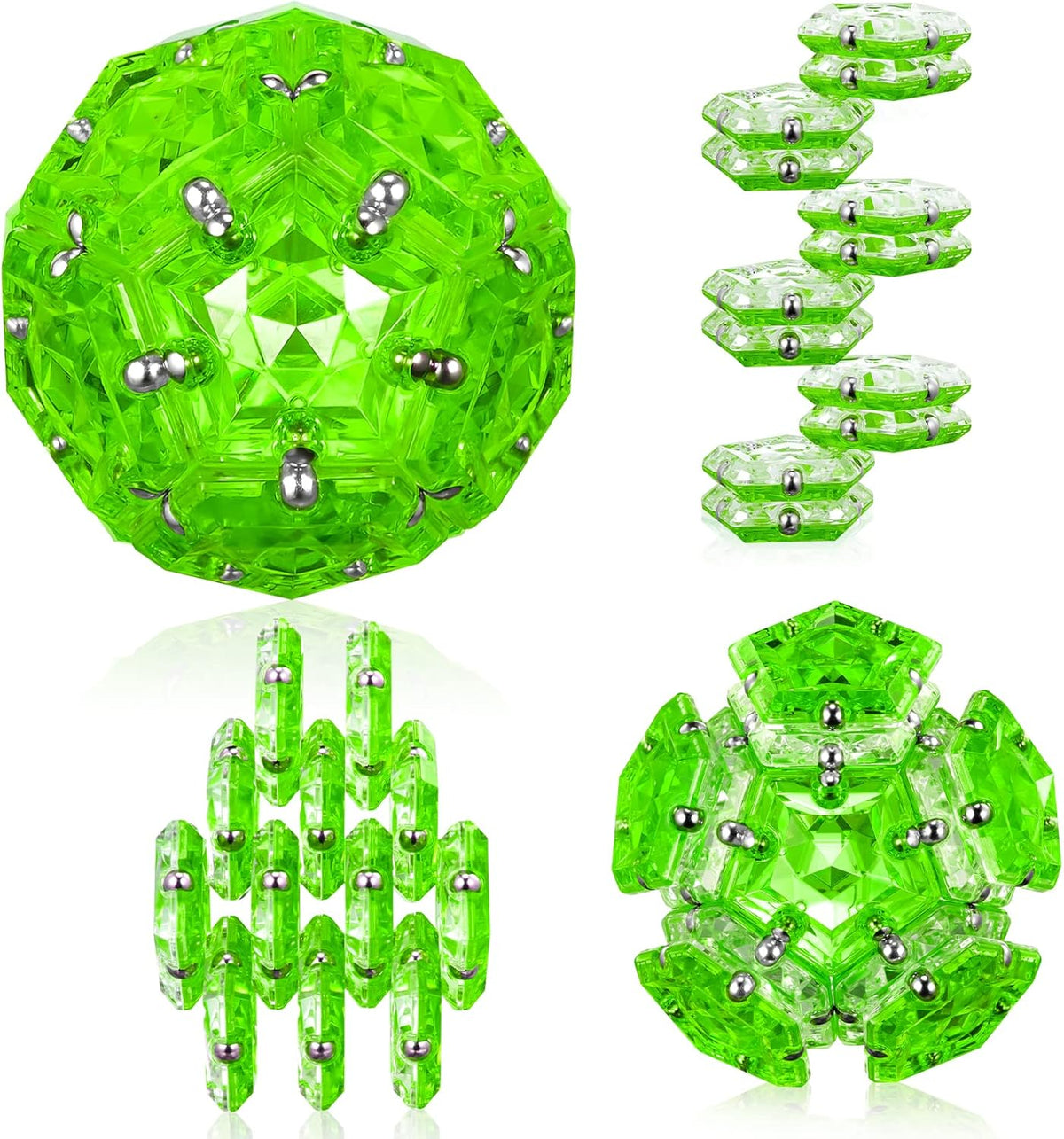 RoomyRoc Magnetic Fidget Sphere - Pentagons Magnets Balls - 12 Piece Set - Crystal Bright Green