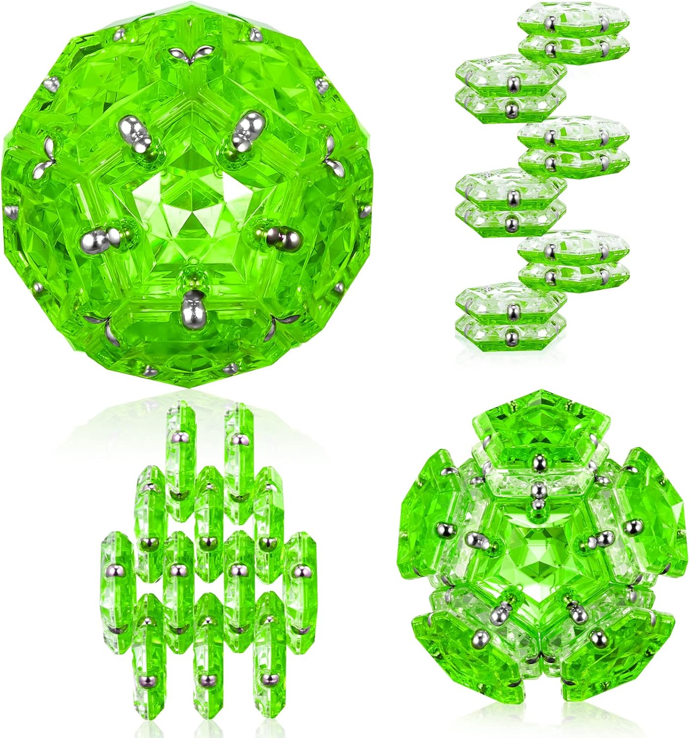 RoomyRoc Magnetic Fidget Sphere - Pentagons Magnets Balls - 12 Piece Set - Crystal Bright Green
