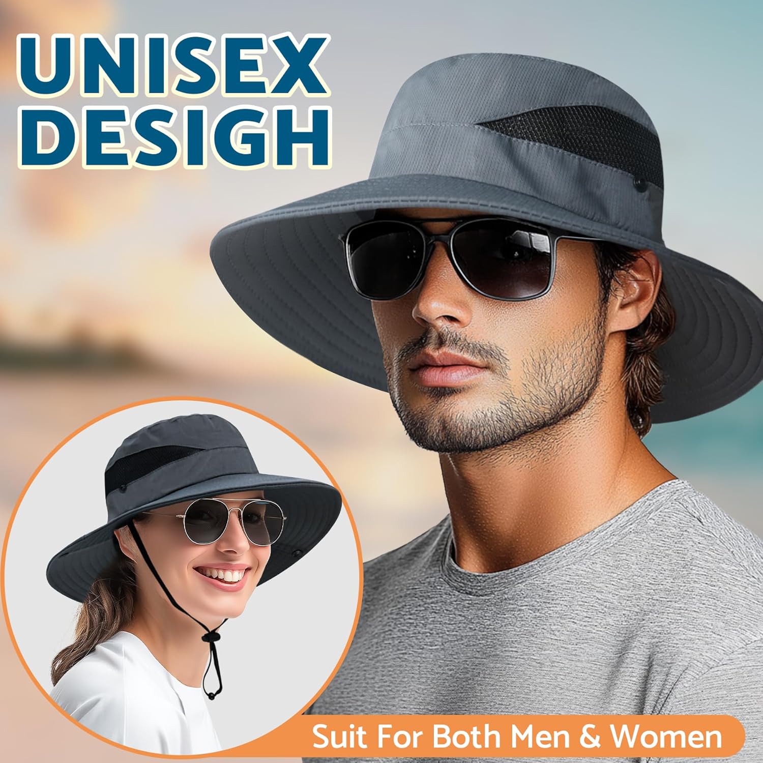 PFFY Sun Bucket Hats for Men Women 3” Wide Brim UPF 50+ Fishing & Beach Hat