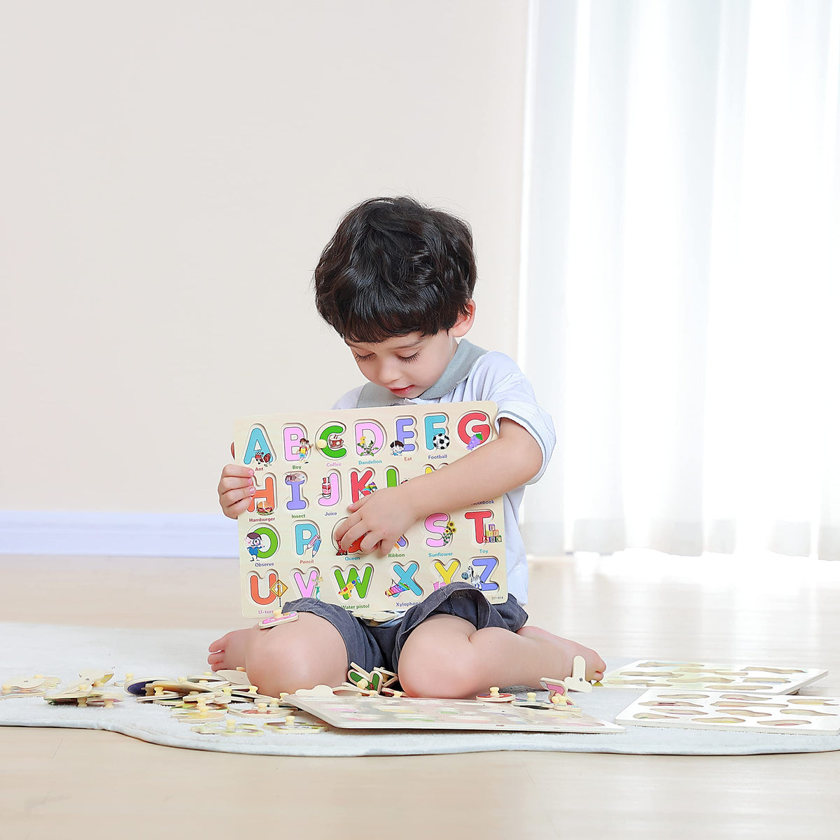 GRINNNIE Wooden Peg Puzzle for Toddlers 3 4 5 Years Old, 4 PCS Montessori Educational Learning
