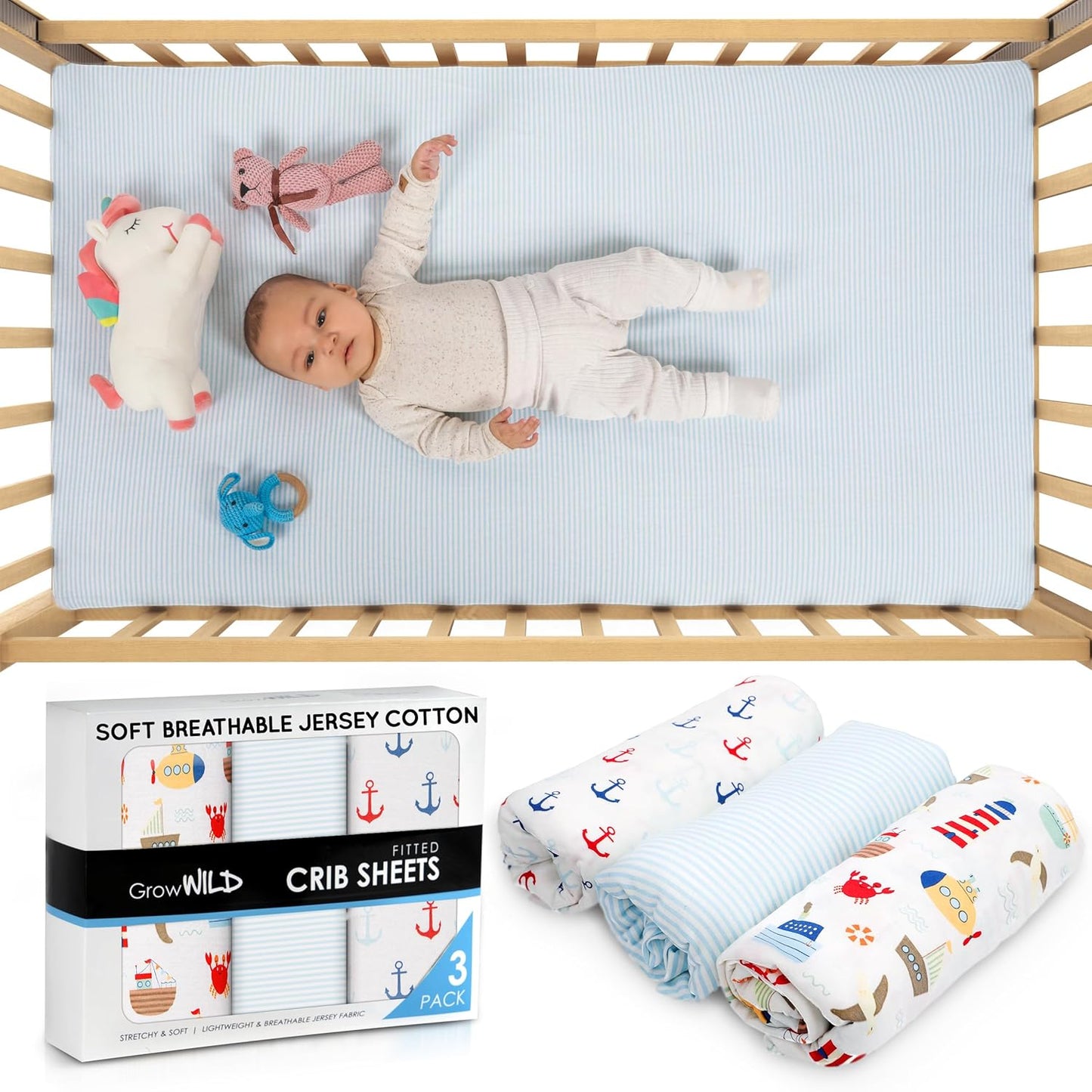 GROW WILD Nautical & Ships Baby Crib Sheets for Boys (3 Pack) - Jersey Knit Fitted Sheet (52" x