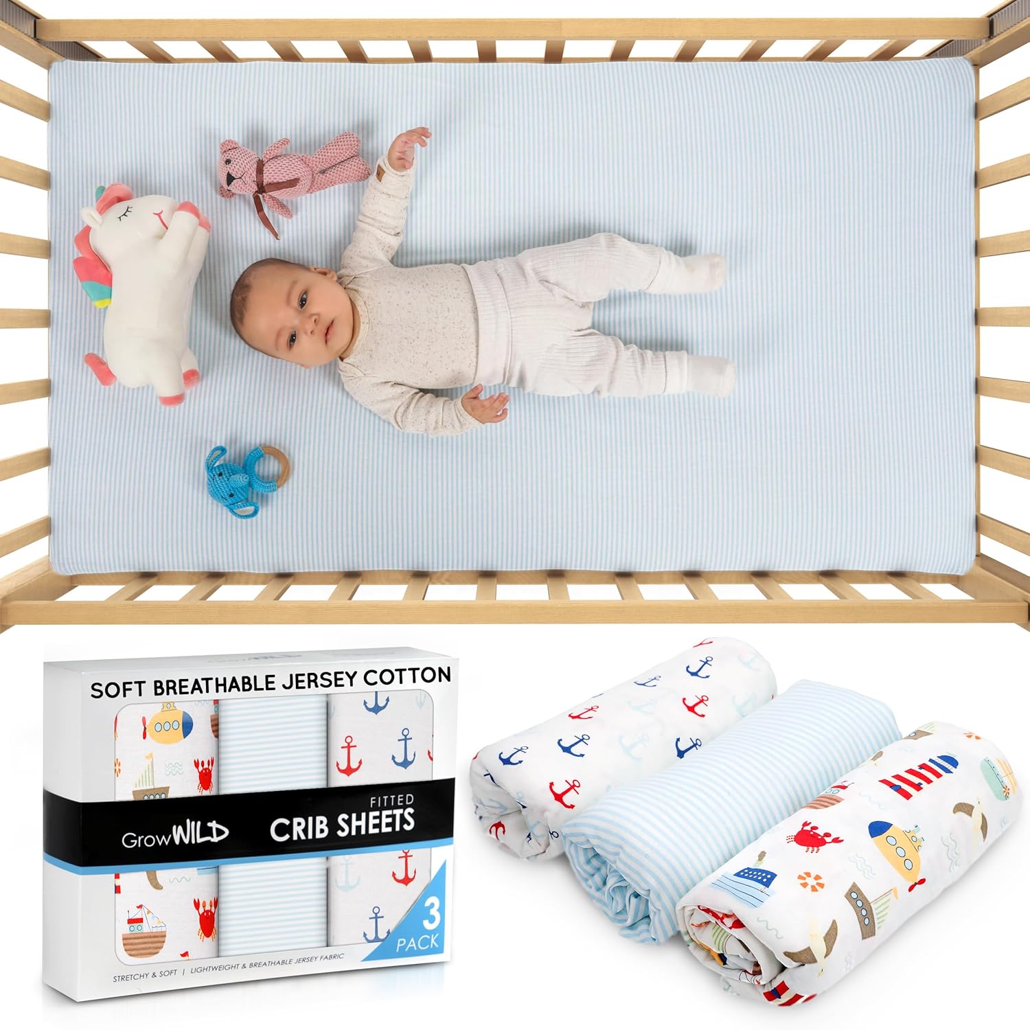 GROW WILD Nautical & Ships Baby Crib Sheets for Boys (3 Pack) - Jersey Knit Fitted Sheet (52" x