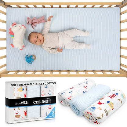 GROW WILD Nautical & Ships Baby Crib Sheets for Boys (3 Pack) - Jersey Knit Fitted Sheet (52" x