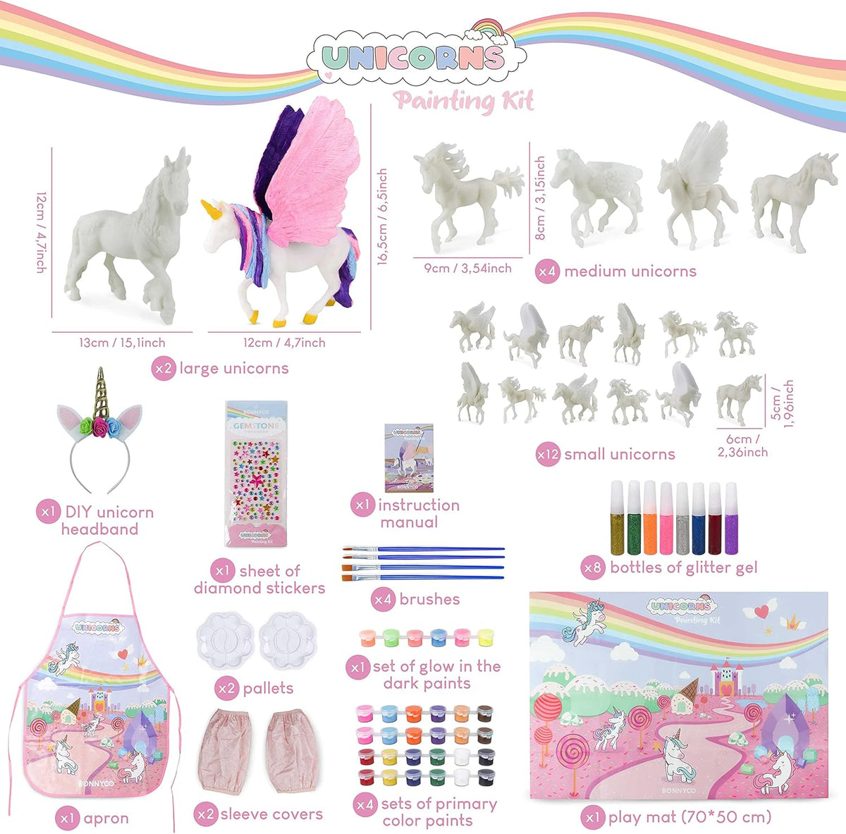 BONNYCO Unicorns Gifts for Girls Painting Kit with 18 Figurines Painting for Kids with Glow in The