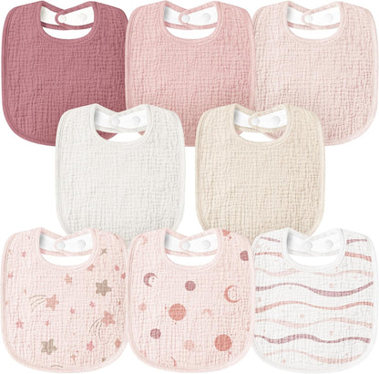 Susurration Muslin Baby Bibs 8 Pack Bandana Drool Bibs, Soft Square Adjustable Baby Drooling Bibs