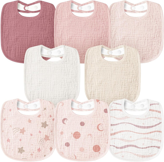Susurration Muslin Baby Bibs 8 Pack Bandana Drool Bibs, Soft Square Adjustable Baby Drooling Bibs