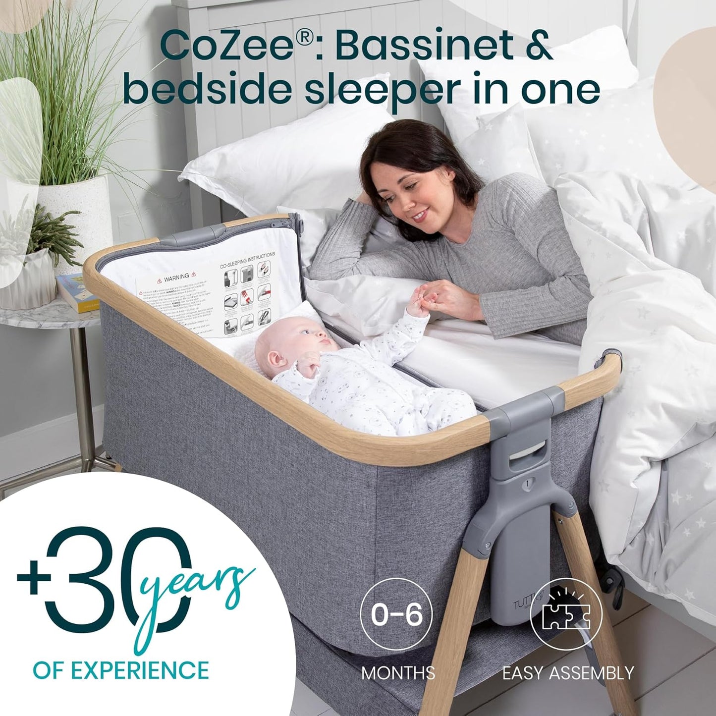 CoZee® 2-in-1 Baby Bassinet & Bedside Sleeper - Fast-Folding Bedside Bassinet, Baby Crib with 6