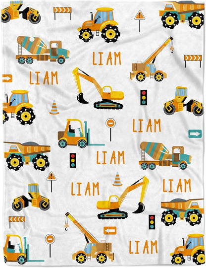 Personalized Truck Excavator Blanket with Name Cutsom Blanket for Baby Boy Car Lover Toddler Kids