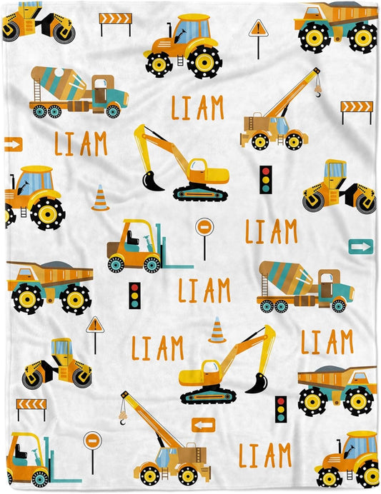 Personalized Truck Excavator Blanket with Name Cutsom Blanket for Baby Boy Car Lover Toddler Kids