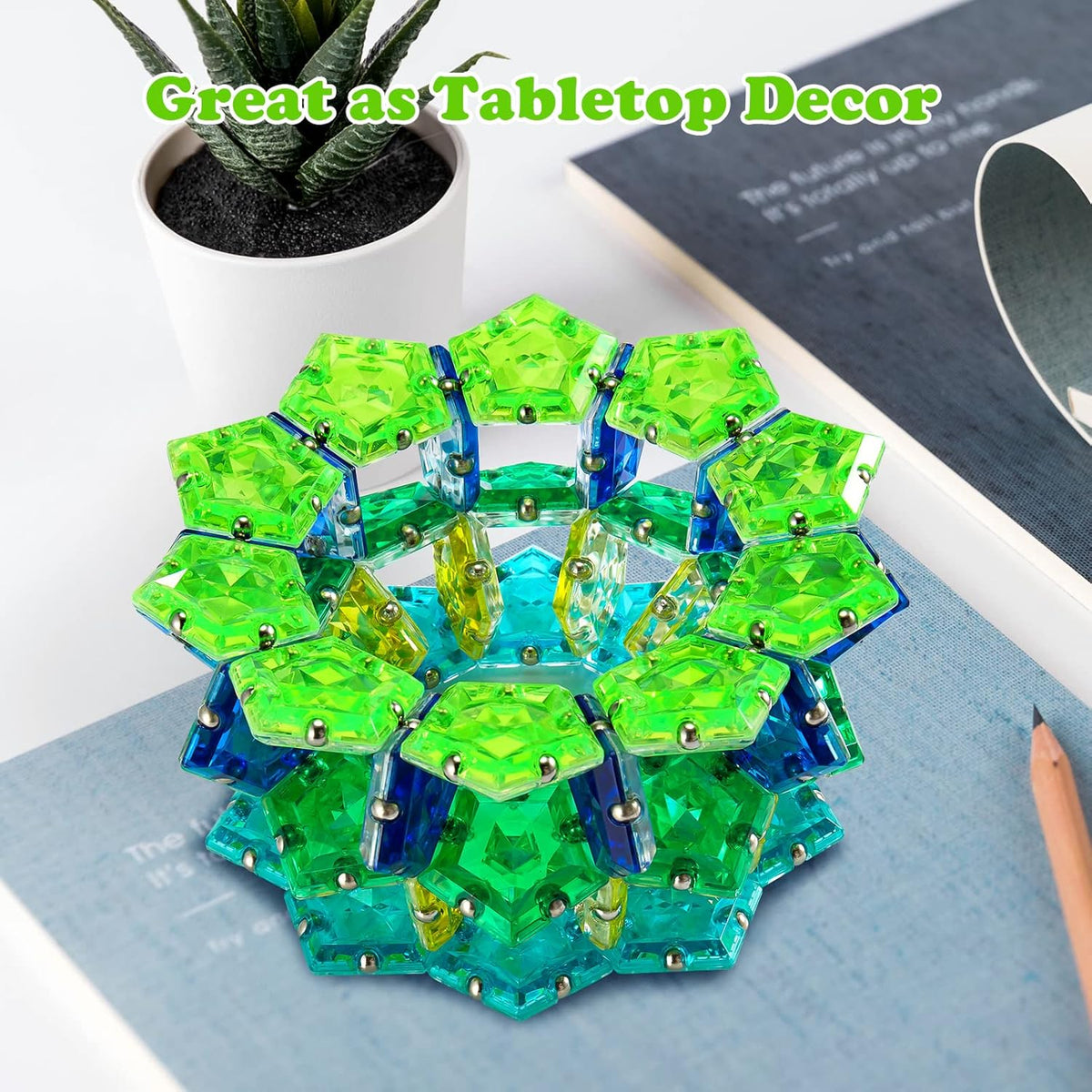 RoomyRoc Magnetic Fidget Sphere - Pentagons Magnets Balls - 12 Piece Set - Crystal Bright Green