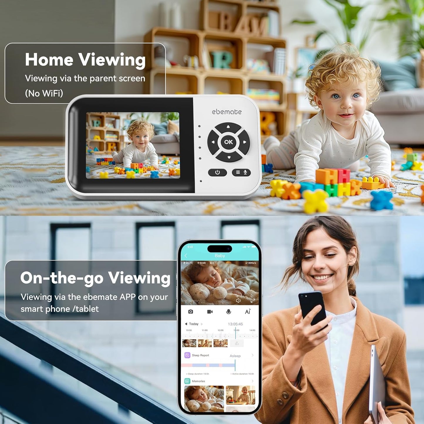 ebemate WiFi Video Baby Monitor,2.8" Display with 1080P Camera,No Glow Night Vision,2-Way Talk &