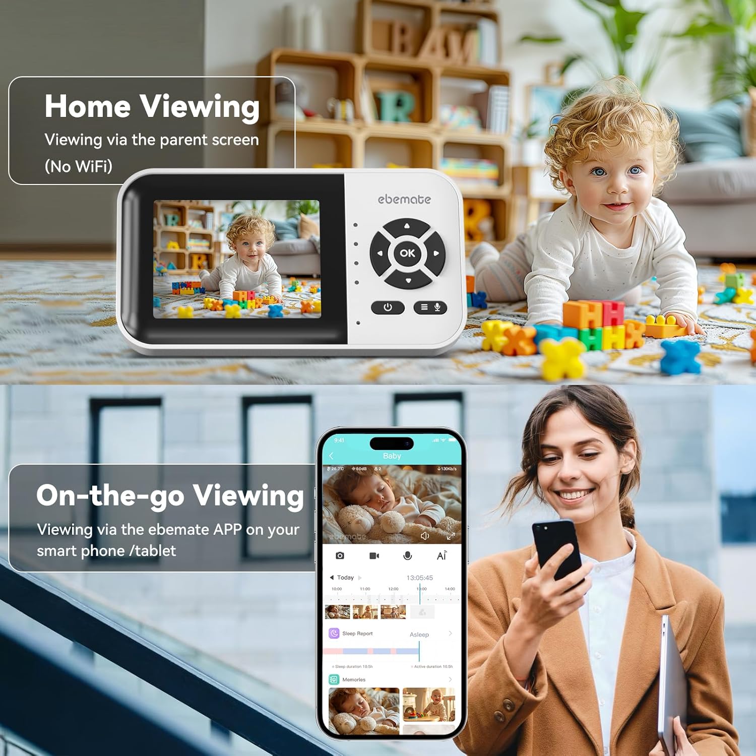 ebemate WiFi Video Baby Monitor,2.8" Display with 1080P Camera,No Glow Night Vision,2-Way Talk &