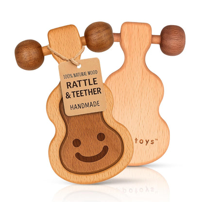 Wooden Teething Toys for Baby 0-6 Months – Organic Natural Non-Toxic Handmade Teether with Beads &
