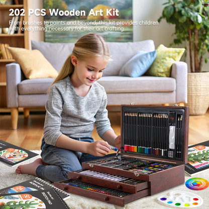 Shuttle Art Deluxe Gift Art Kit, 202-Piece Wooden Art Supplies Set with 4 Drawing Pads, Canvases