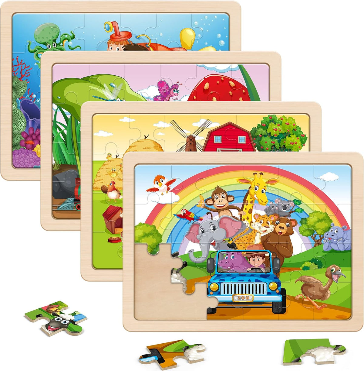 SYNARRY Large Animals Wooden Puzzles for Kids 4 in 1 Gift Box(12.2 * 9.4 in) - FSC Certified