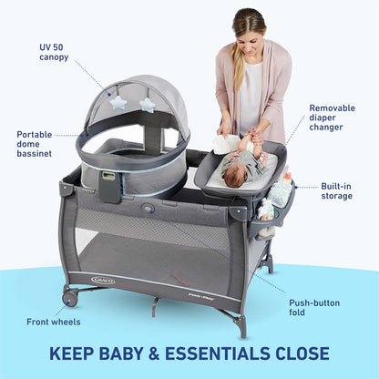 Graco Pack n Play Travel Dome DLX Playard, Astin with Portable Bassinet and Integrated Storage