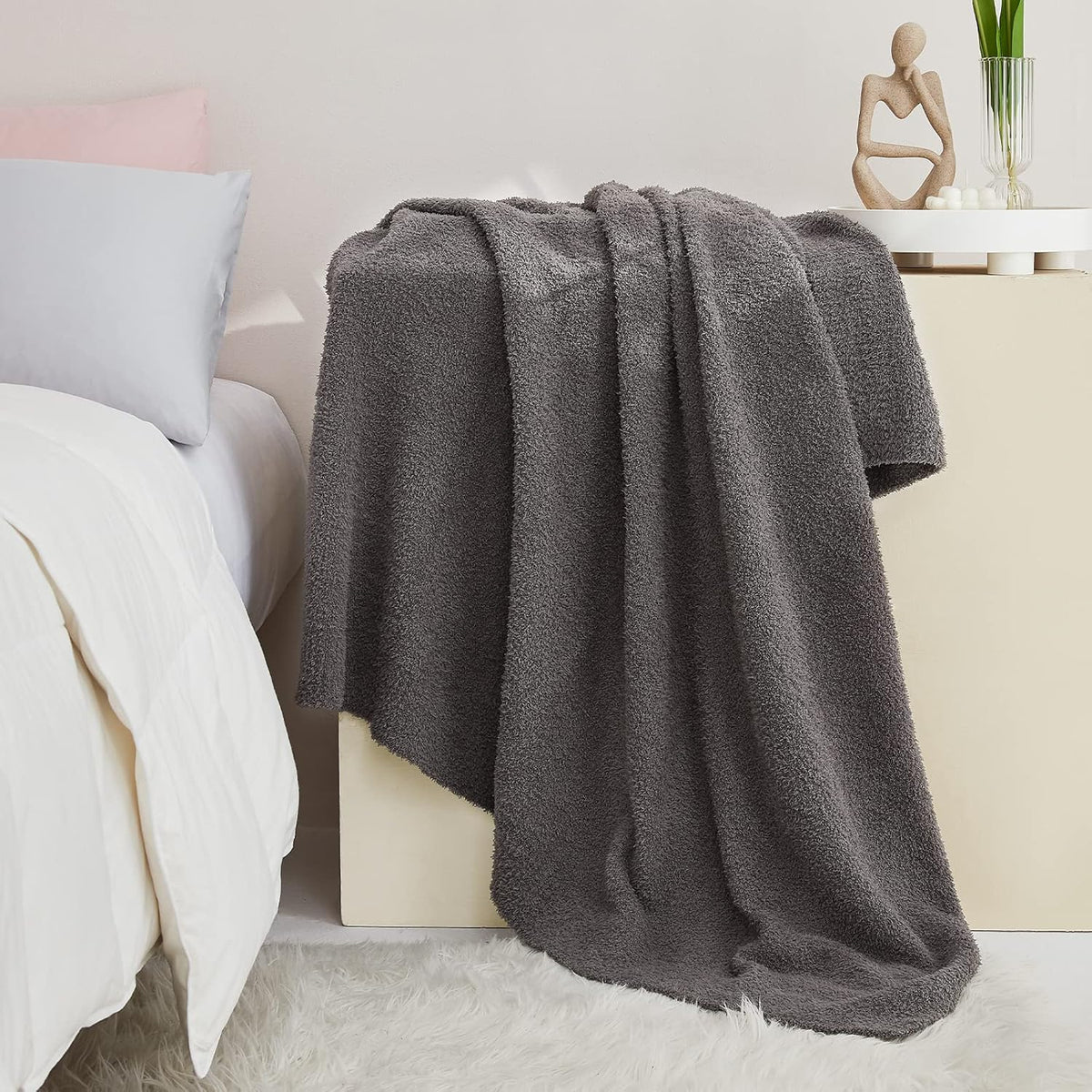 CYMULA Knit Throw Blanket for Couch Dark Grey-Super Soft Lightweight Plush Fuzzy Fluffy Cozy