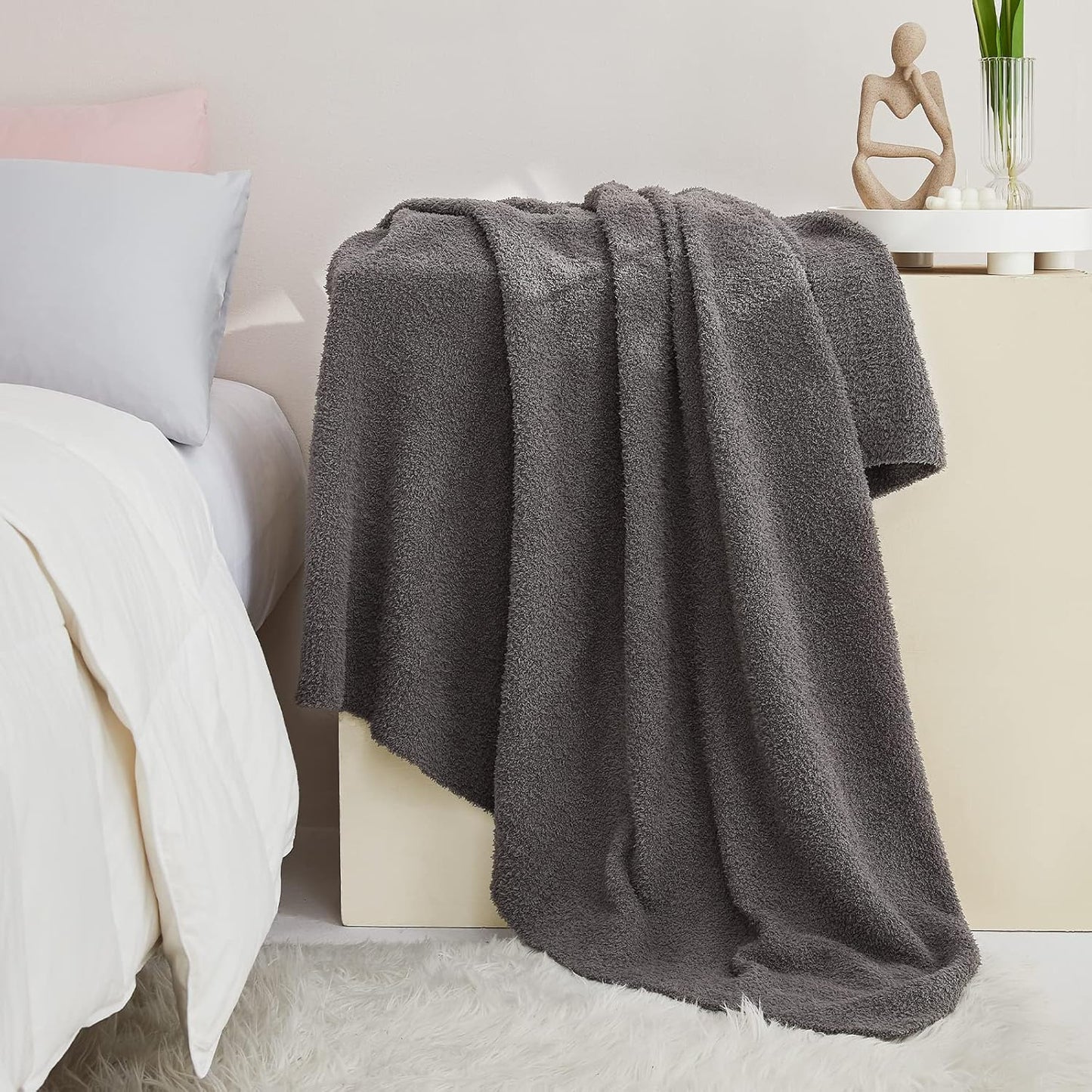 CYMULA Super Soft Knit Throw Blanket Twin Size Dark Grey-Lightweight Plush Fuzzy Fluffy Warm Cozy