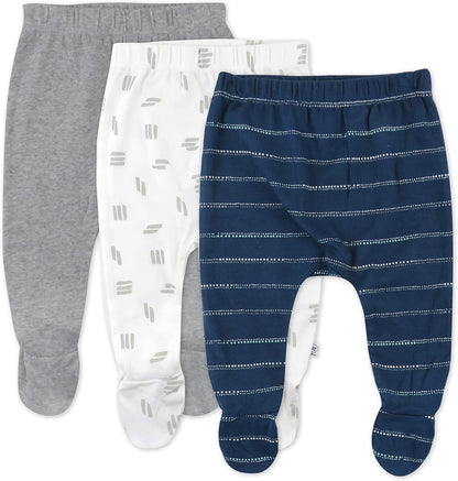 HonestBaby 3-pack Footed Pants Roomy Fit Pull on Bottoms 100% Organic Cotton for Infant Baby Boys