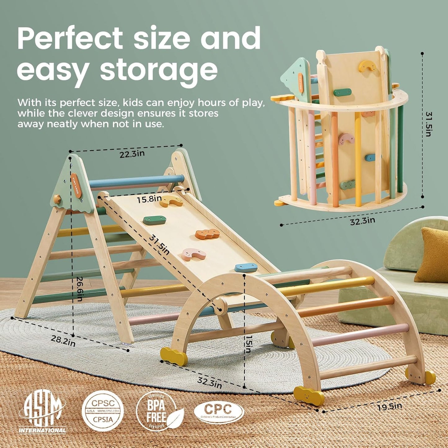 Tiny Land Pikler Triangle Set,7-in-1 Foldable Montessori Toddler Climbing Toys Indoor, Wooden