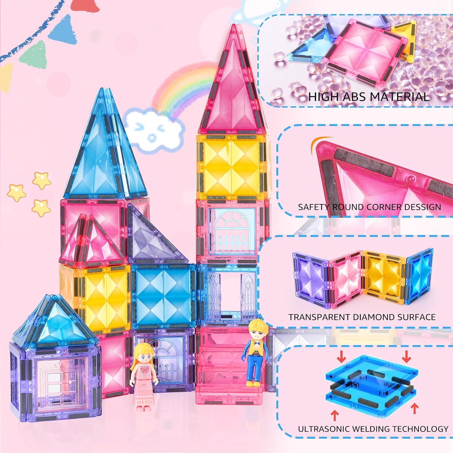 Pink Castle Magnetic Tiles for Kids Ages 3-8, 3D STEM Toys with Sparkling Building Blocks, Creative