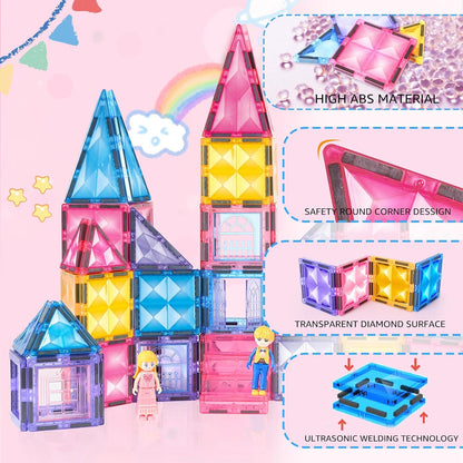 Pink Castle Magnetic Tiles for Kids Ages 3-8, 3D STEM Toys with Sparkling Building Blocks, Creative