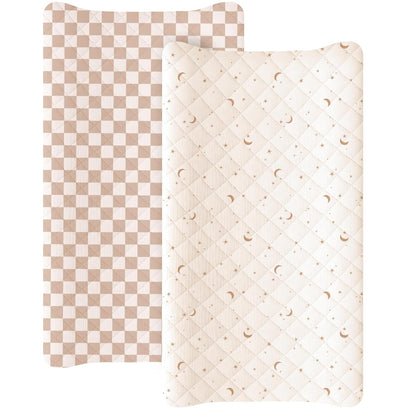 Konssy Waterproof Muslin Changing Pad Cover 2 Pack, Quilted Cotton Fitted Diaper Changing Table