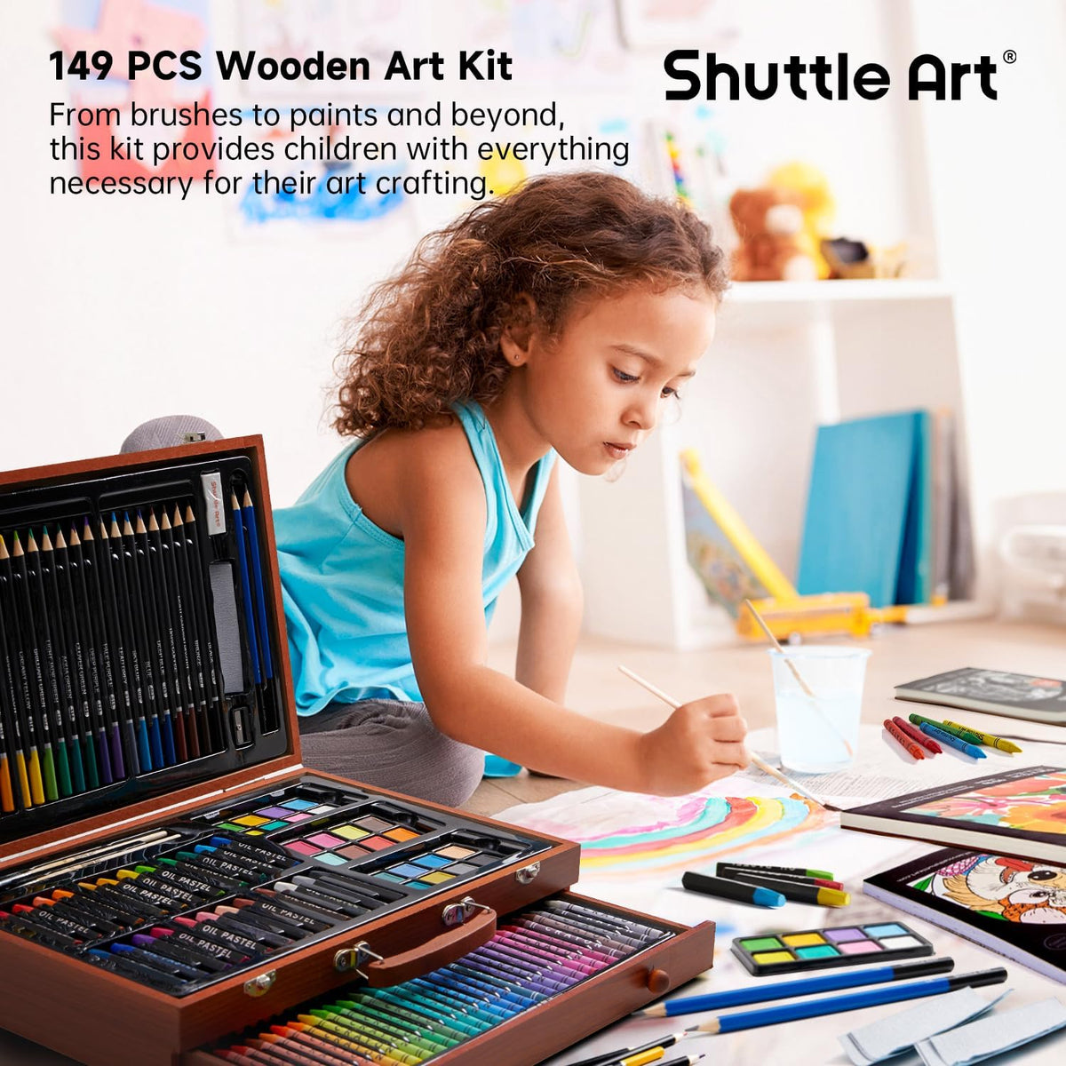 Shuttle Art 149 Piece Deluxe Art Set, Art Supplies in Wooden Case, Painting Drawing Art Kit with