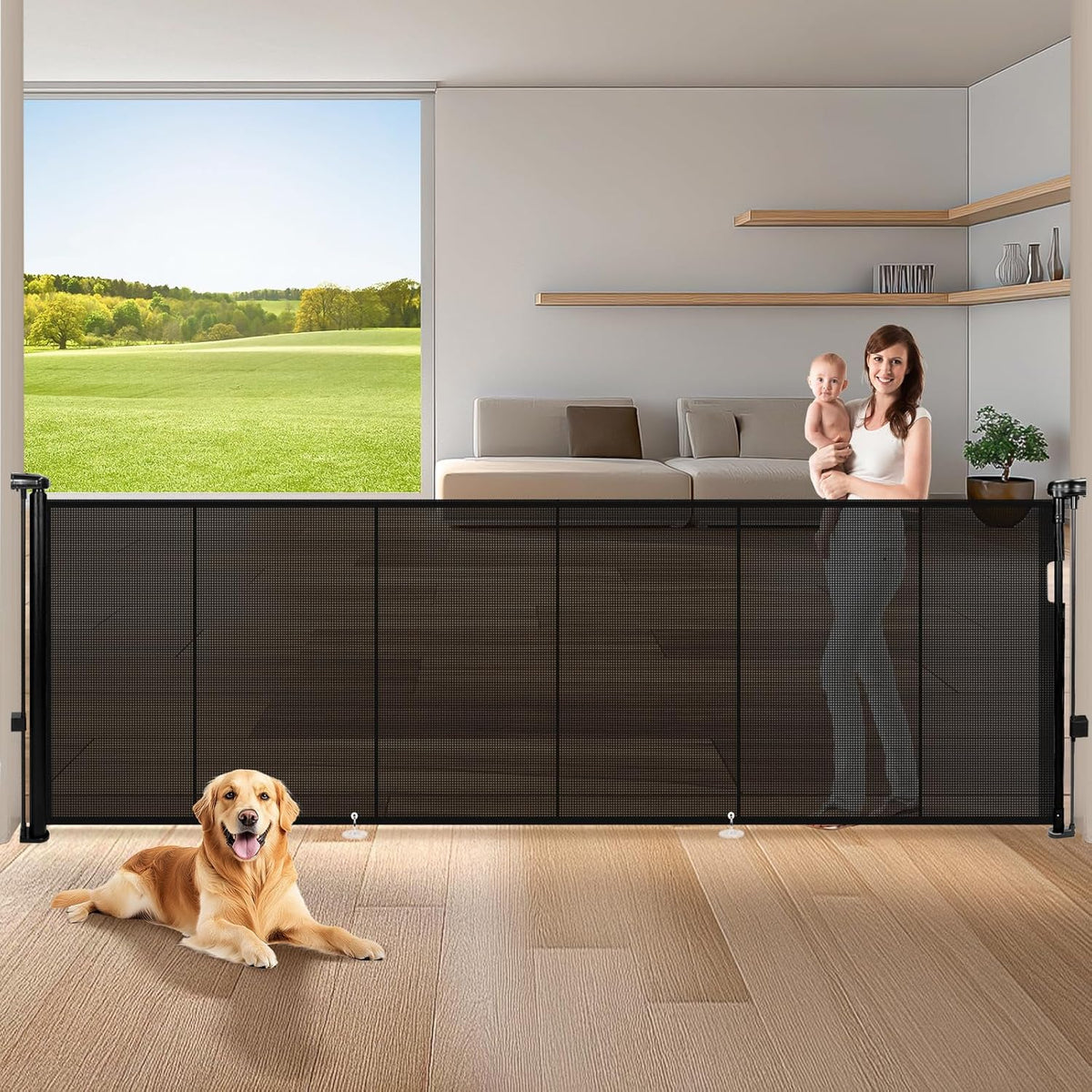 120" Extra Wide Retractable Baby Gates Mesh Gate, Long Retractable Dog Gate for Large Opening, 42"