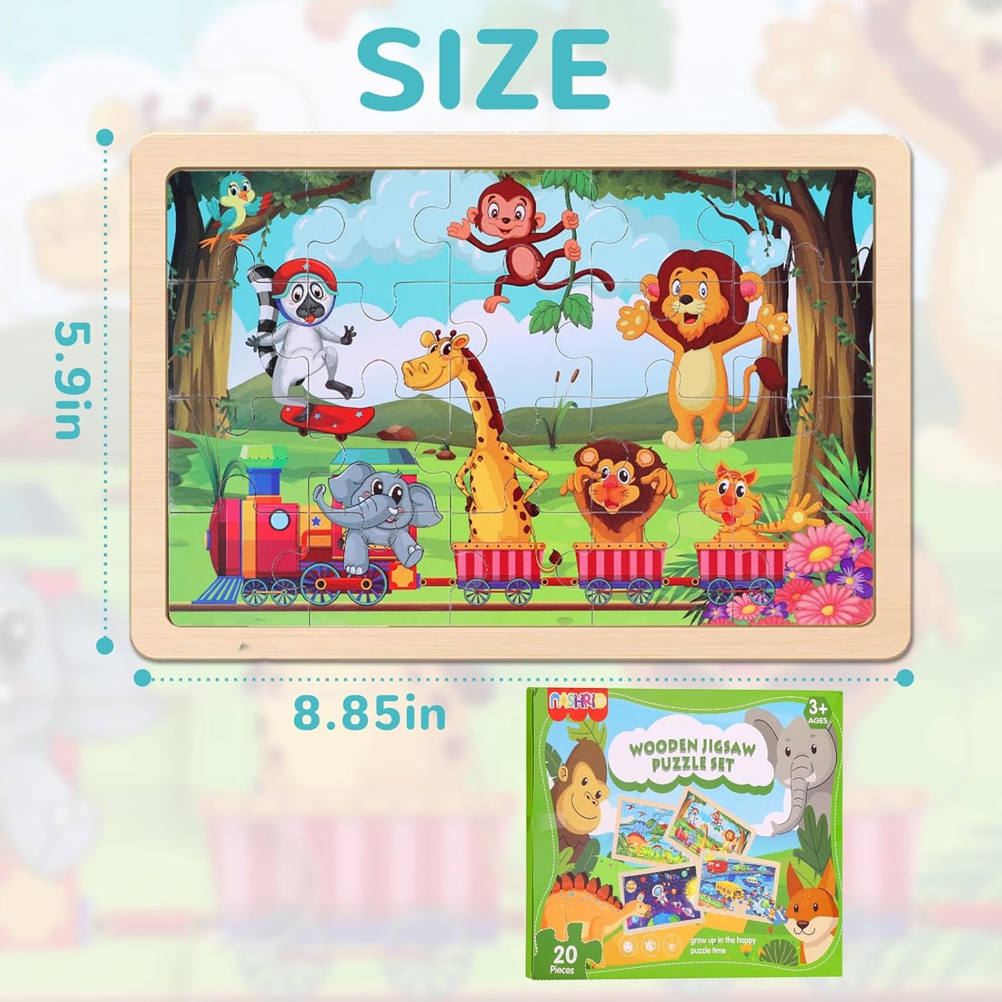 Wooden Educational Jigsaw Puzzles for Preschool Kids Ages 3-5, 4-Pack with 20 Pieces Dinosaur