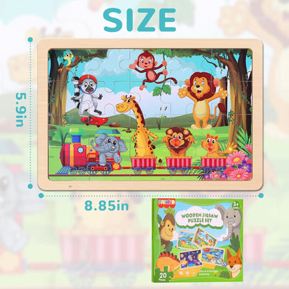 Wooden Educational Jigsaw Puzzles for Preschool Kids Ages 3-5, 4-Pack with 20 Pieces Dinosaur