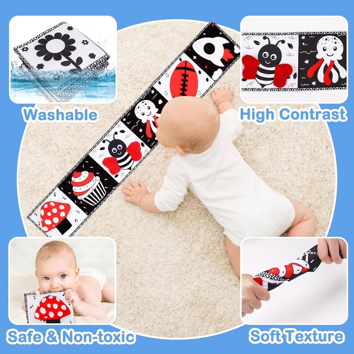 Black and White High Contrast Toys for Baby 0-3 3-6 Months Infant Tummy Time Soft Book Sensory