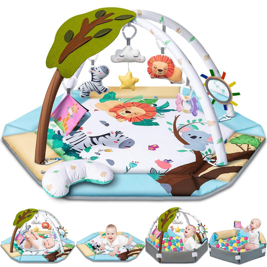 Baby Gym Play Mat, 8-in-1 Tummy Time Mat & Ball Pit with 6 Toys, Washable Baby Activity Play Mat