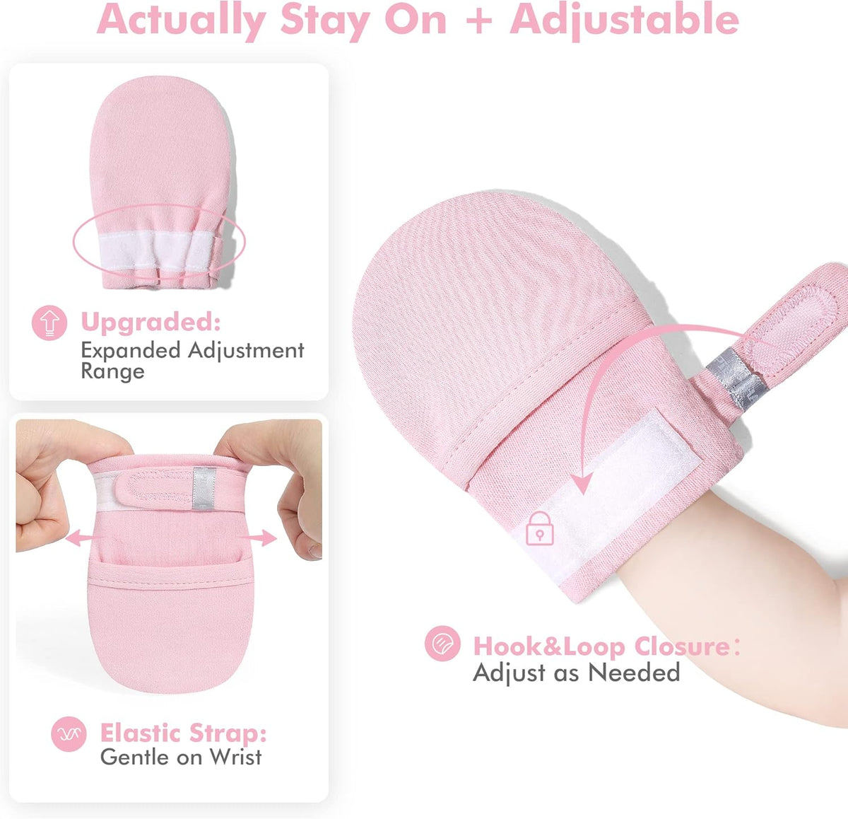 HAPIU Baby No Scratch Mittens Stay On, 100% Cotton Breathable, Adjustable Infant Gloves for Boys