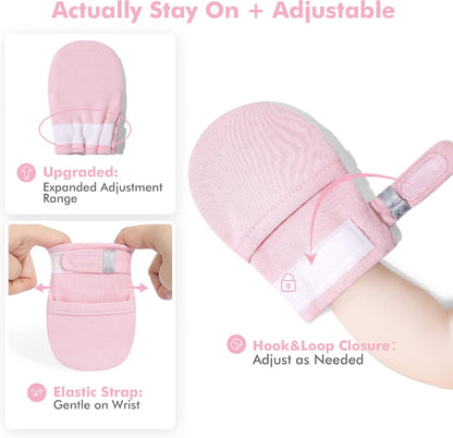 HAPIU Baby No Scratch Mittens Stay On, 100% Cotton Breathable, Adjustable Infant Gloves for Boys
