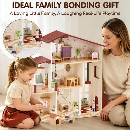 Lehoo Castle Wooden Dollhouse for Girls, Doll House with 5 Rooms DIY Play